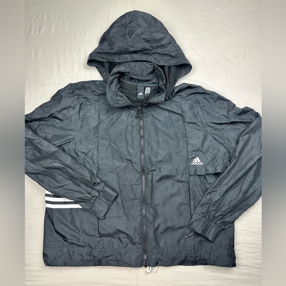 Adidas women’s cropped Black Hooded windbreaker jacket size‎ medium